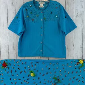 VTG Susan Bristol Blue Floral Needlework Button Down Short Sleeve Top Size XL